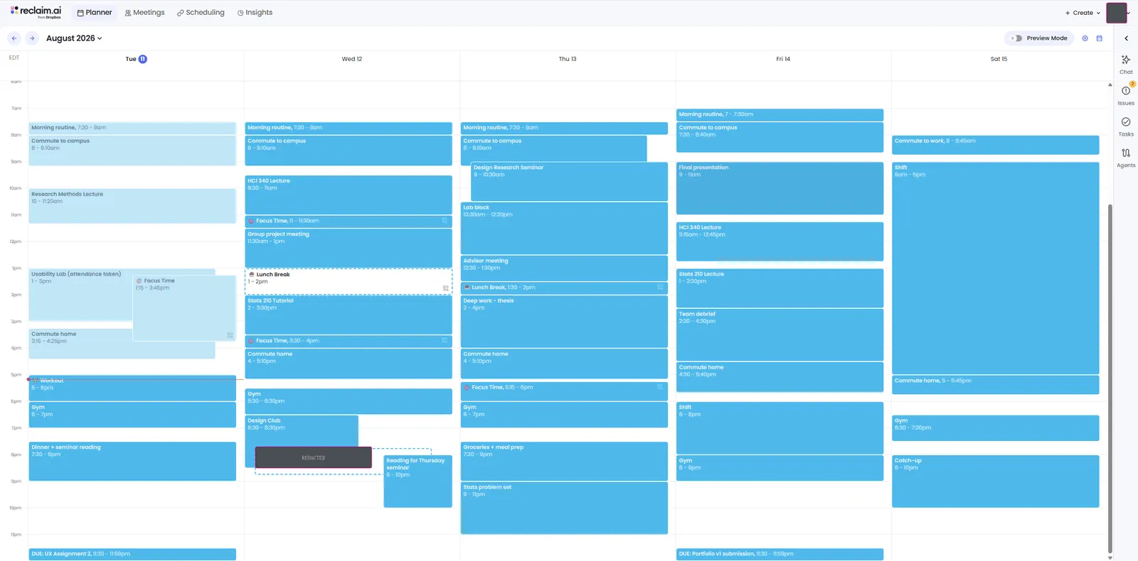 Reclaim’s planner view of the same staged week, with an Issues panel in the right rail showing two unresolved items.