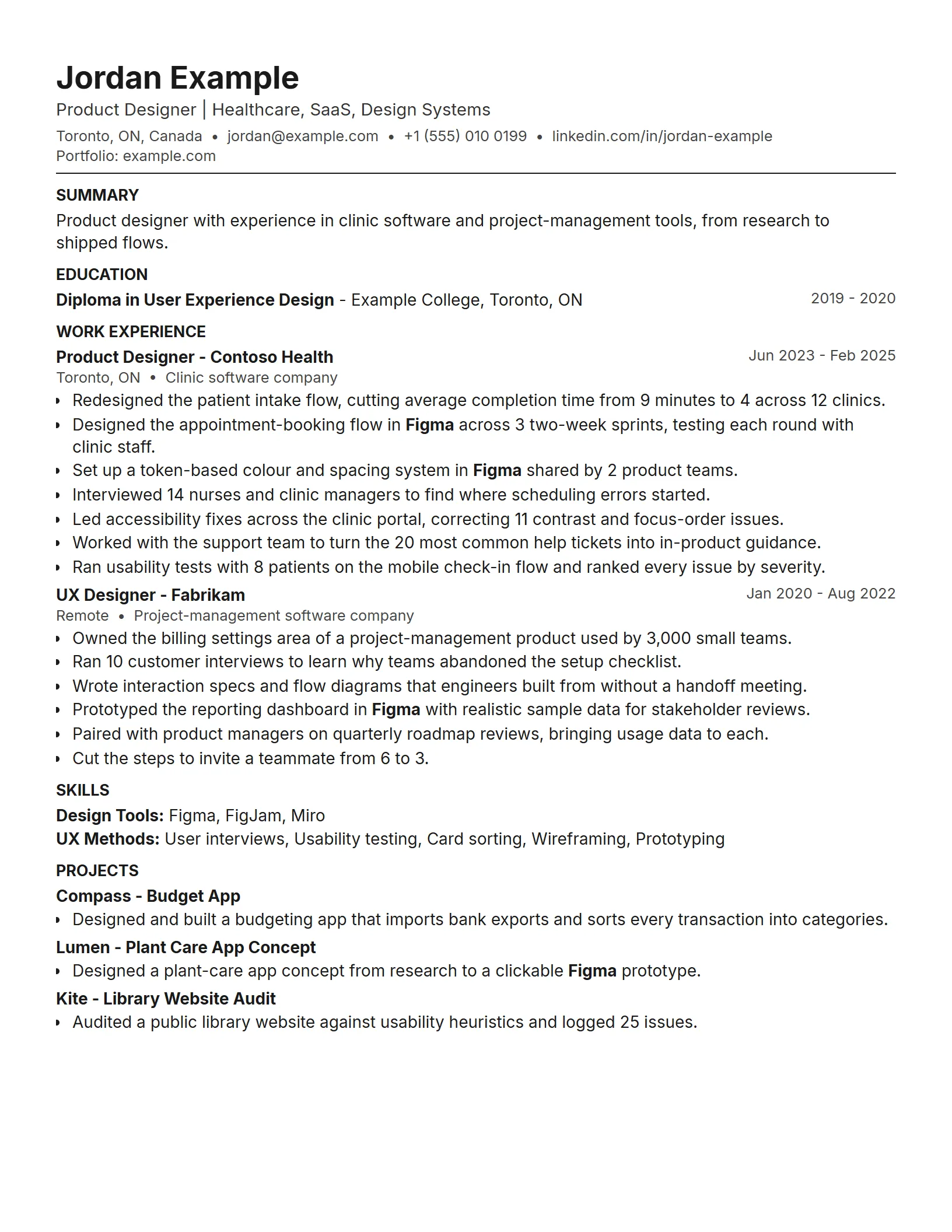 A one-page resume for an invented person, Jordan Example: a name, a line under it reading Product Designer, Healthcare, SaaS, Design Systems, then a summary, education, two roles with thirteen bullets, skills and three projects.