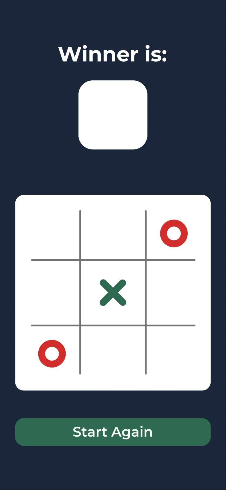 The game board mid-game: an X in the centre and an O in two corners, with an empty winner box above it.
