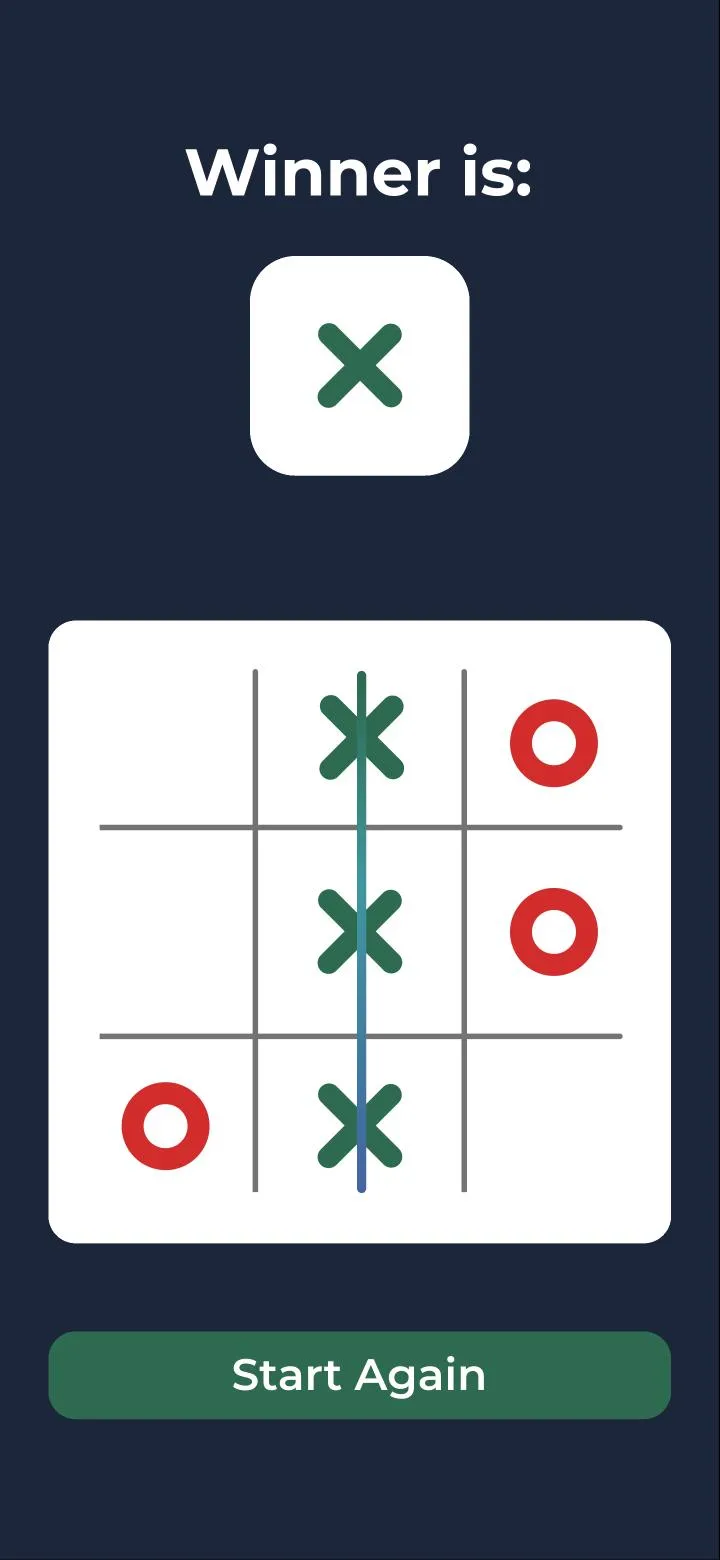 The finished game: three Xs down the middle column with a line struck through them, and an X in the winner box at the top.